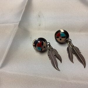 ZUNI 925 Silver Vintage  & MultiStone Feather EarringsEXQUISITE.